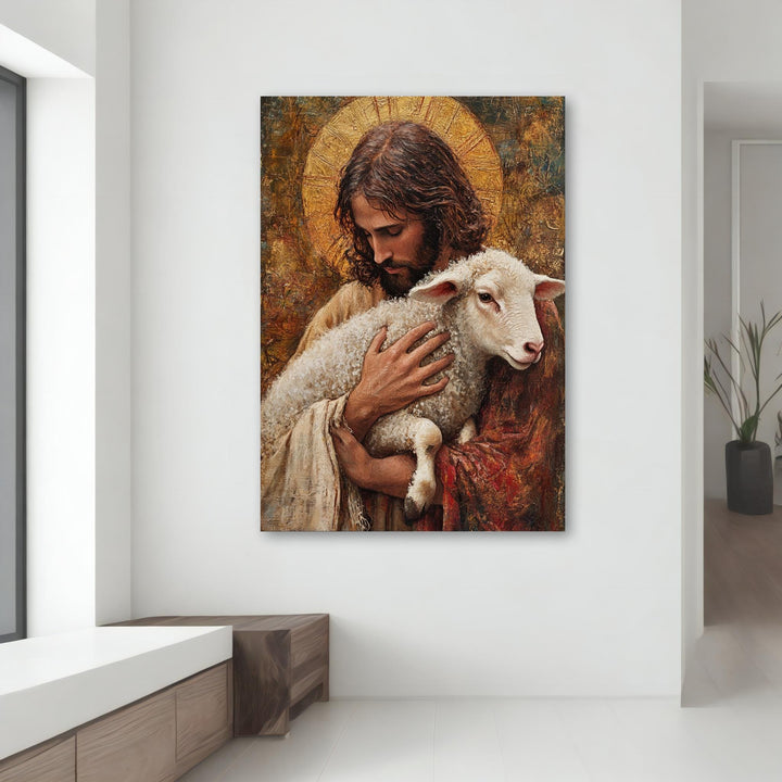 Spiritual artwork featuring Jesus and lamb on gallery-grade canvas