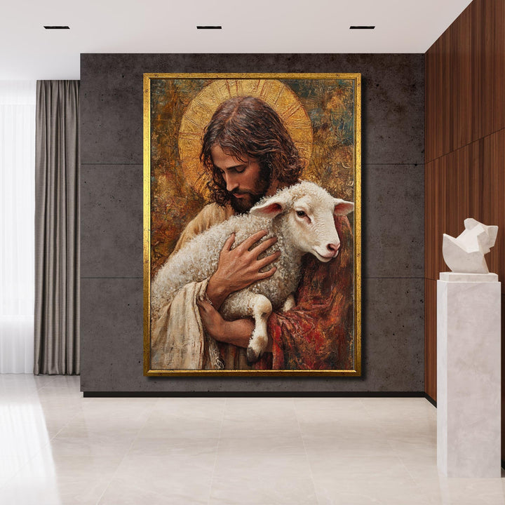 Close-up detail of Jesus Christ with lamb on religious wall art canvas