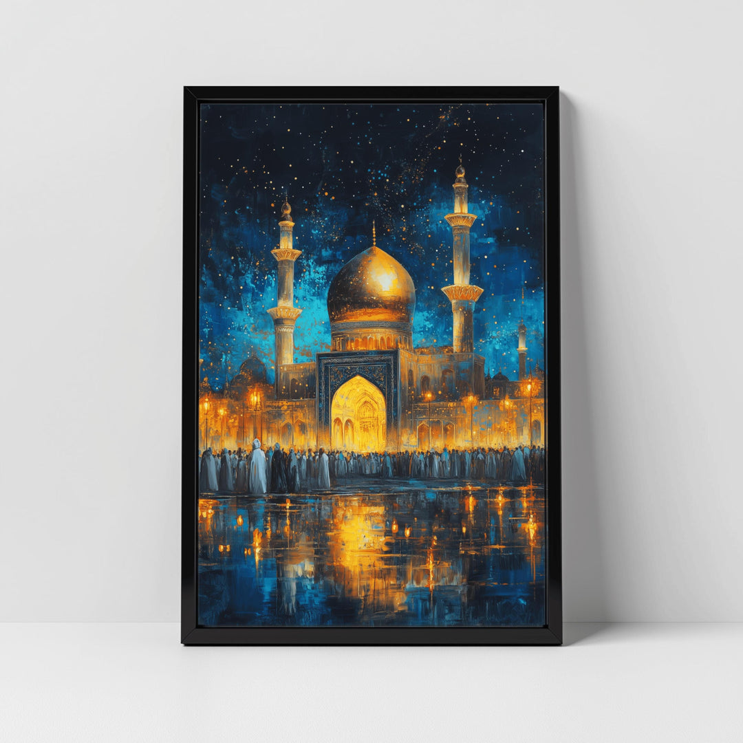 Imam Hussein Shrine oil painting – warm gold and indigo tones, wall art