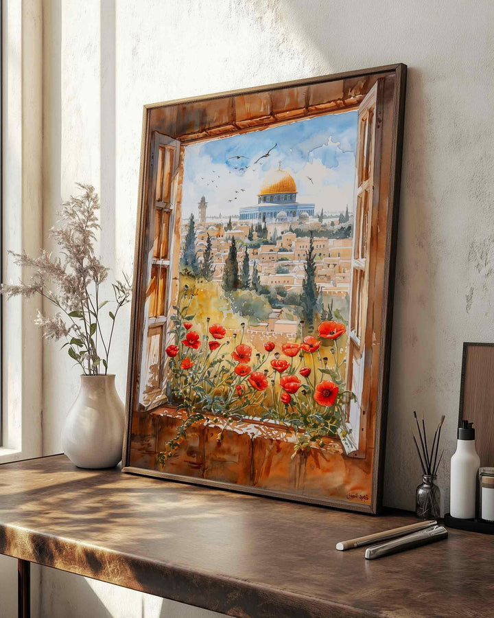 Close-up brushwork and vibrant colors in Dome of the Rock and poppies artwork