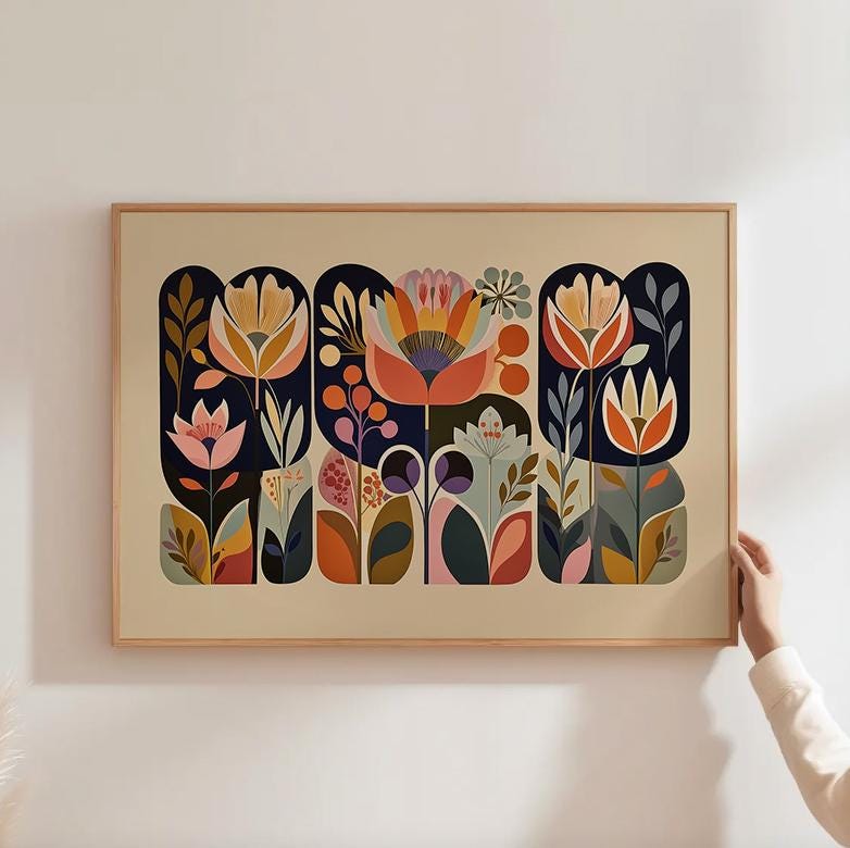 Abstract botanical wall art with blue-green tones for a modern mid-century look