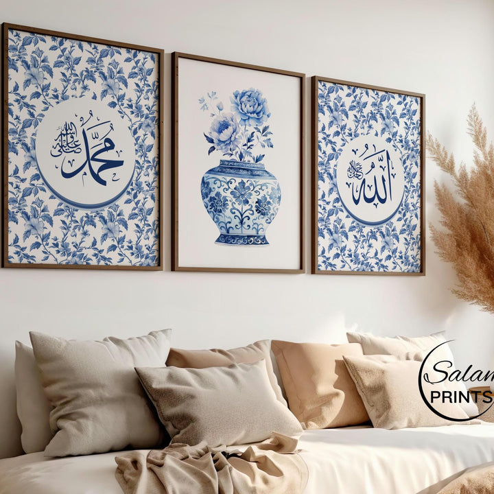 Blue Islamic triptych panel 3 with Muhammad calligraphy