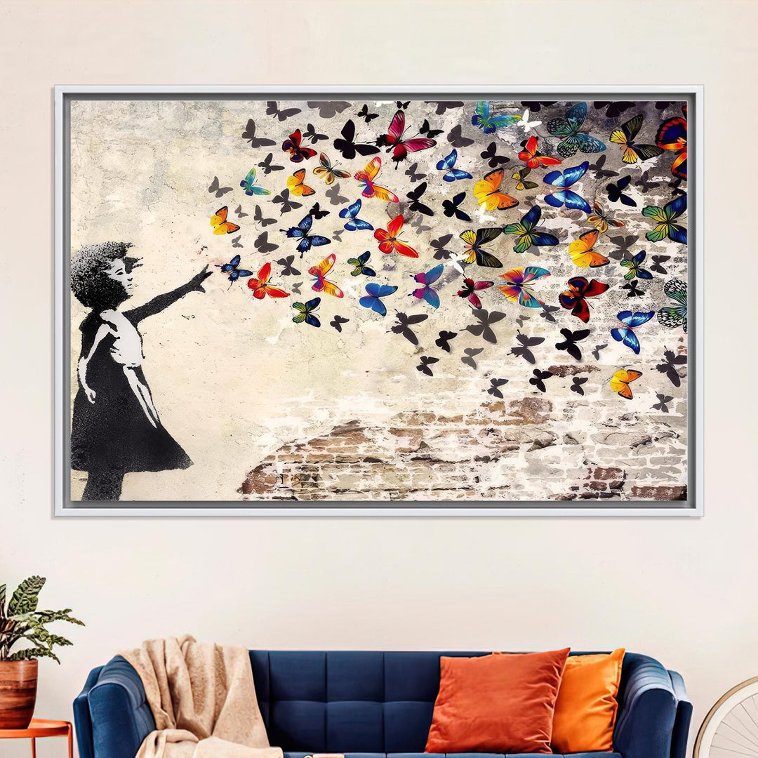 Close-up of butterfly girl design on Banksy-inspired canvas