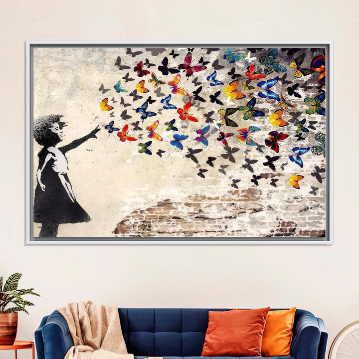 Close-up of butterfly girl design on Banksy-inspired canvas