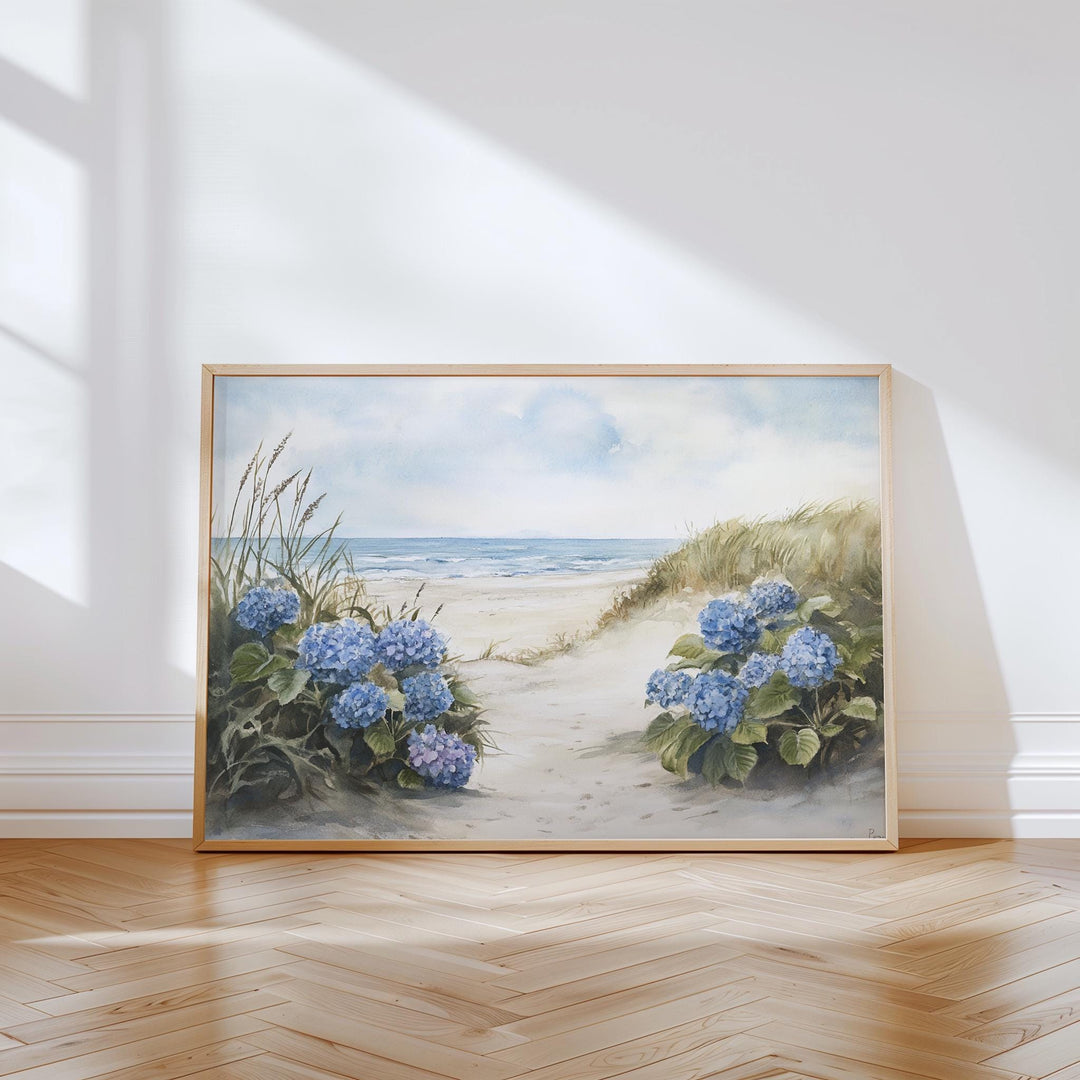 Coastal hydrangea wall art in soft blue watercolor with neutral background