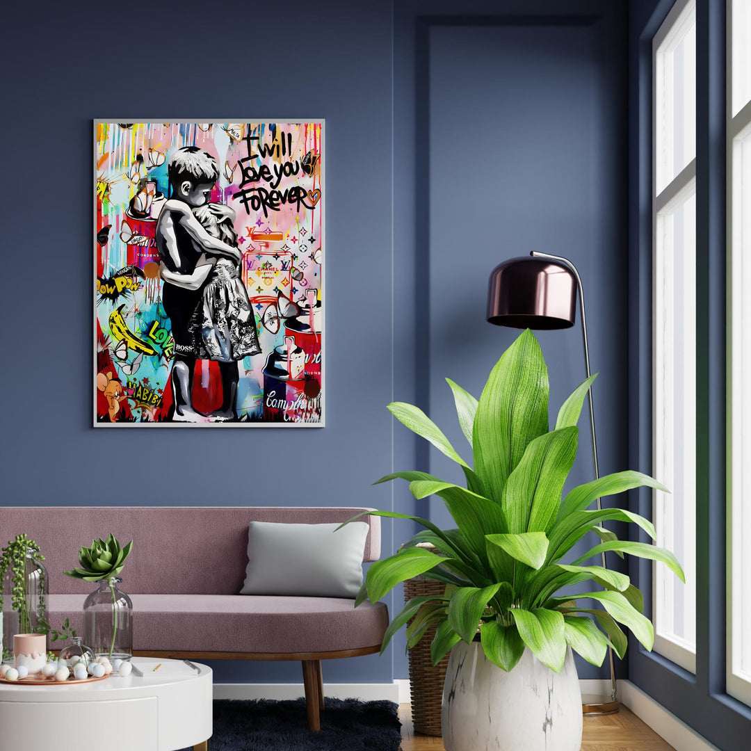 High-contrast hug motif poster for modern home interiors