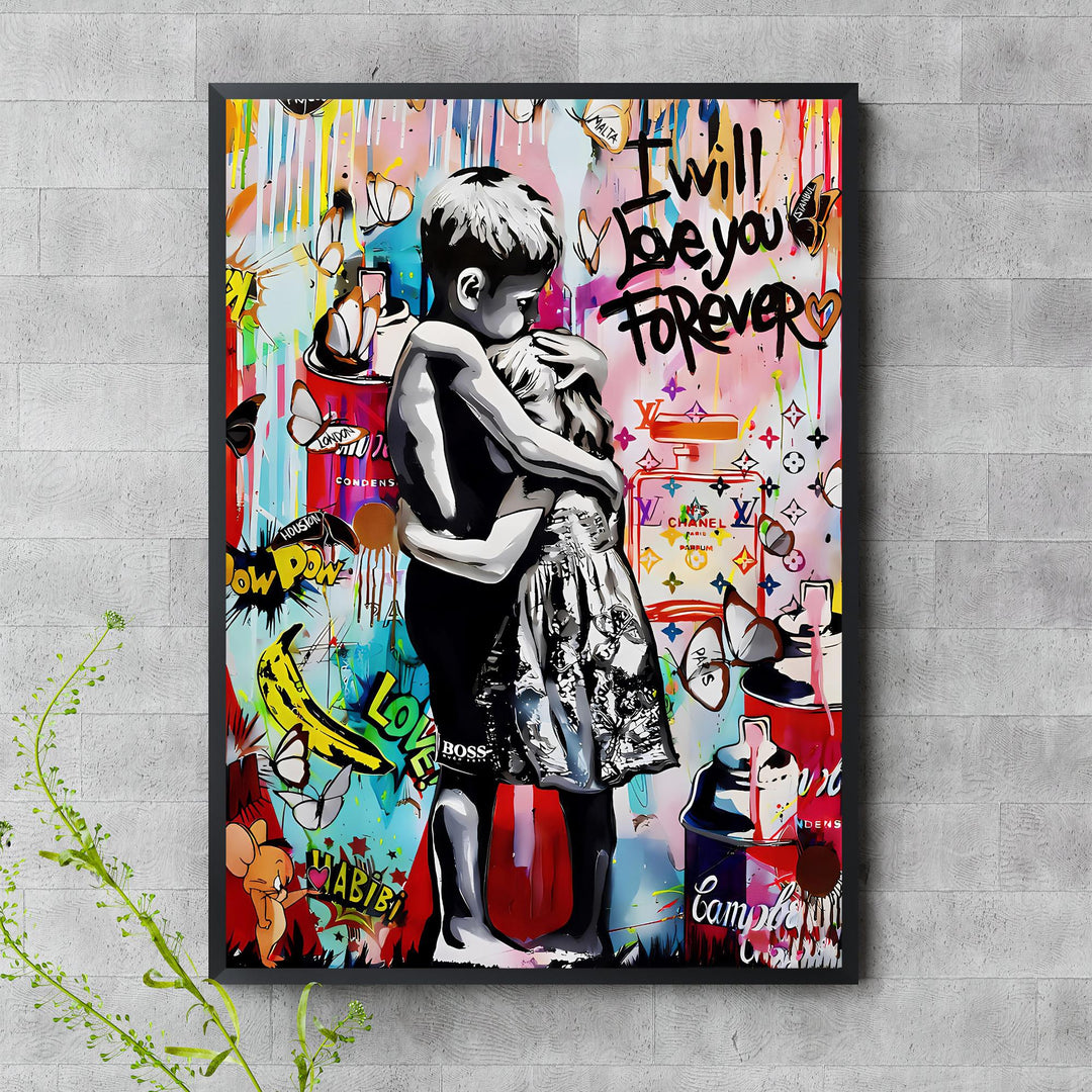 Urban street art poster featuring two children in a warm embrace