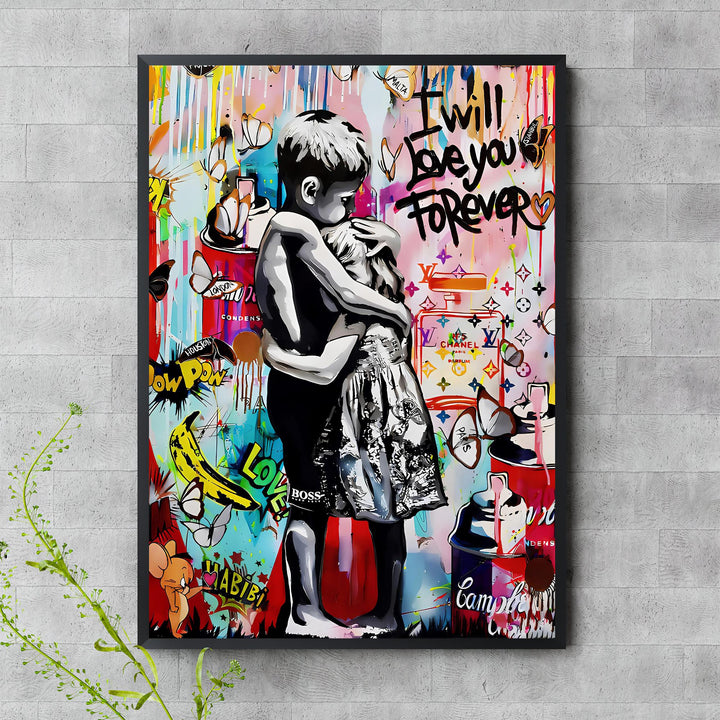 Urban street art poster featuring two children in a warm embrace