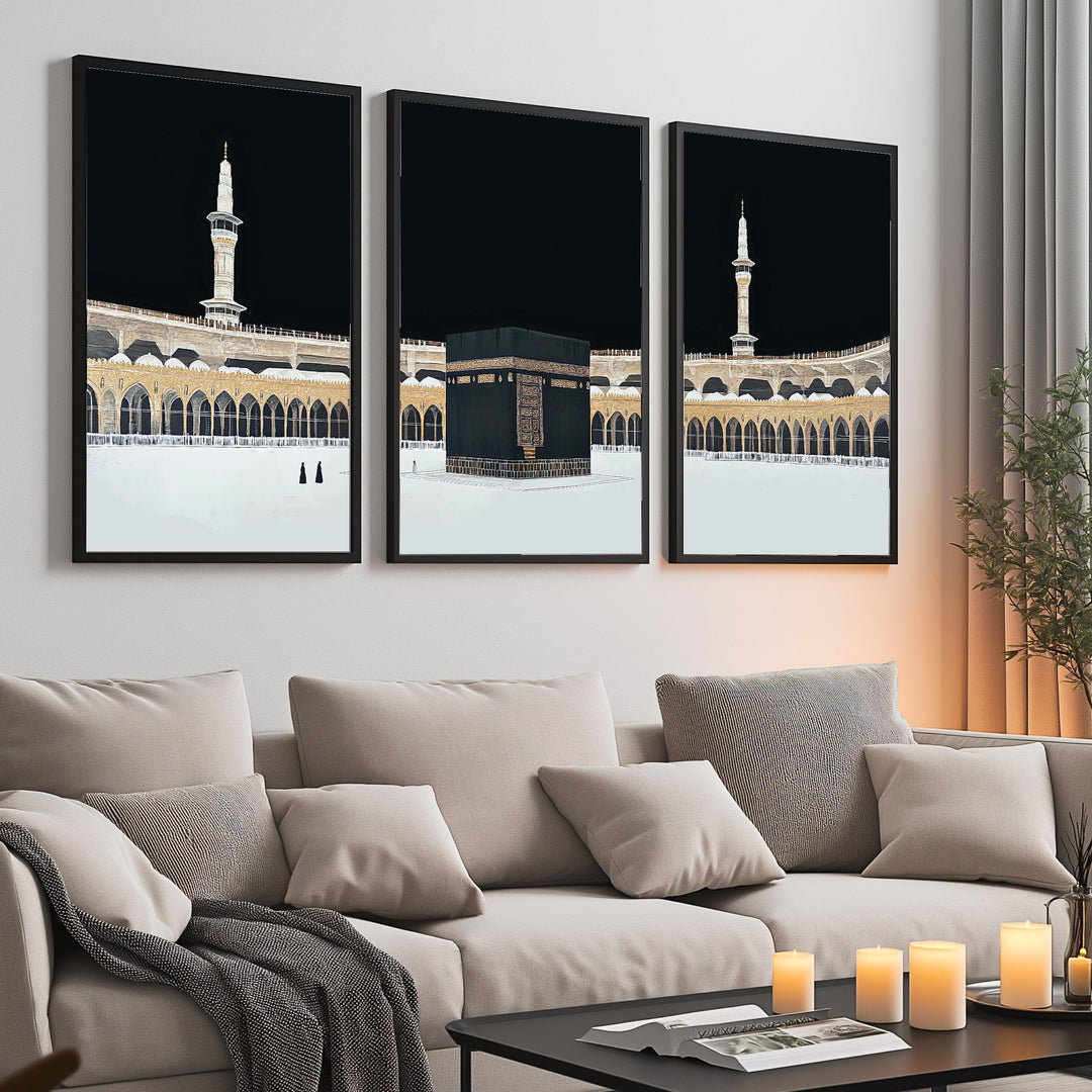 Night scene Kaaba framed canvas art trio