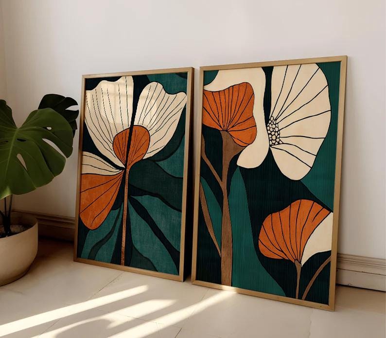 Abstract botanical wall art set of 2 – modern floral prints for wall decor