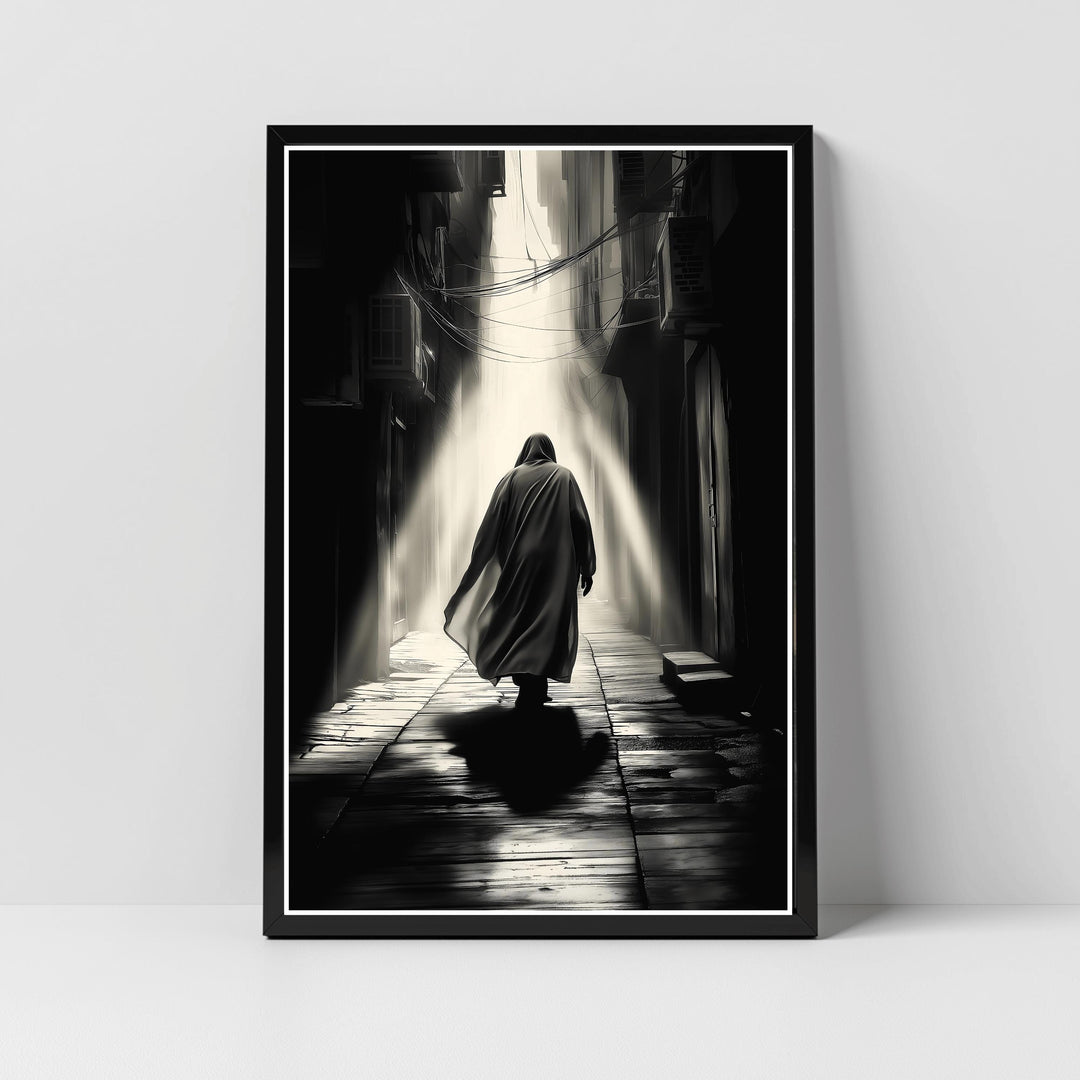 Imam Mahdi poster in black and white Islamic art, front view