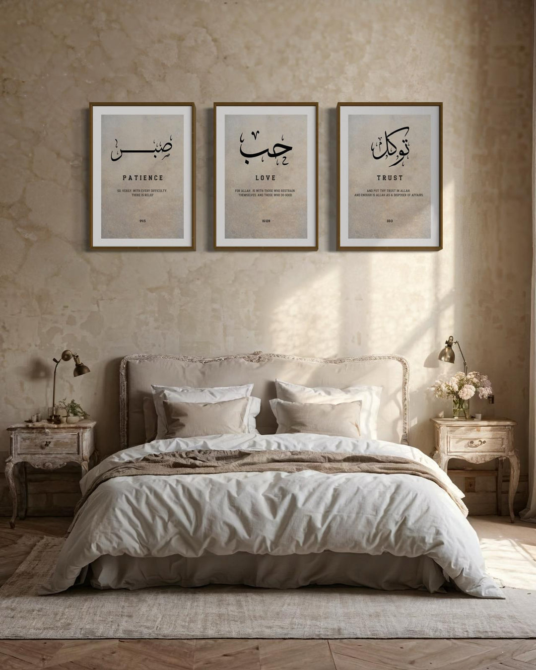 Three-piece wall art set featuring geometric motifs and script on white backdrop