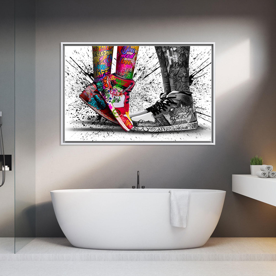 Graffiti sneaker kiss wall art close-up on vibrant color palette