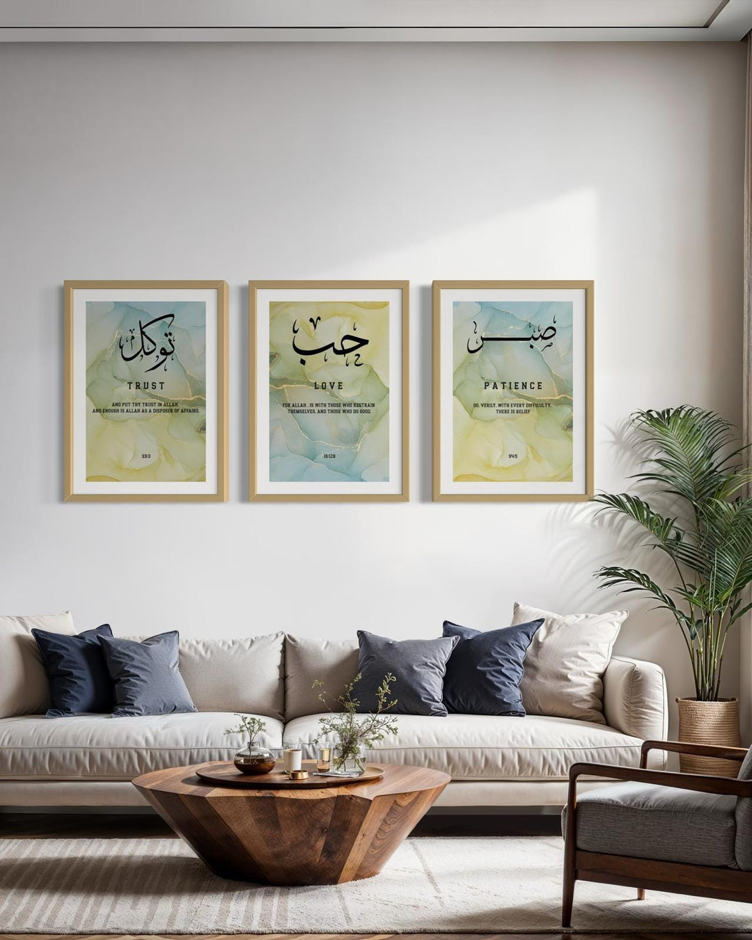 Multi-piece wall art display in a living room with abstract Islamic motifs