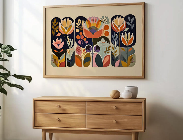 Boho chic bedroom wall art featuring soft botanical motif