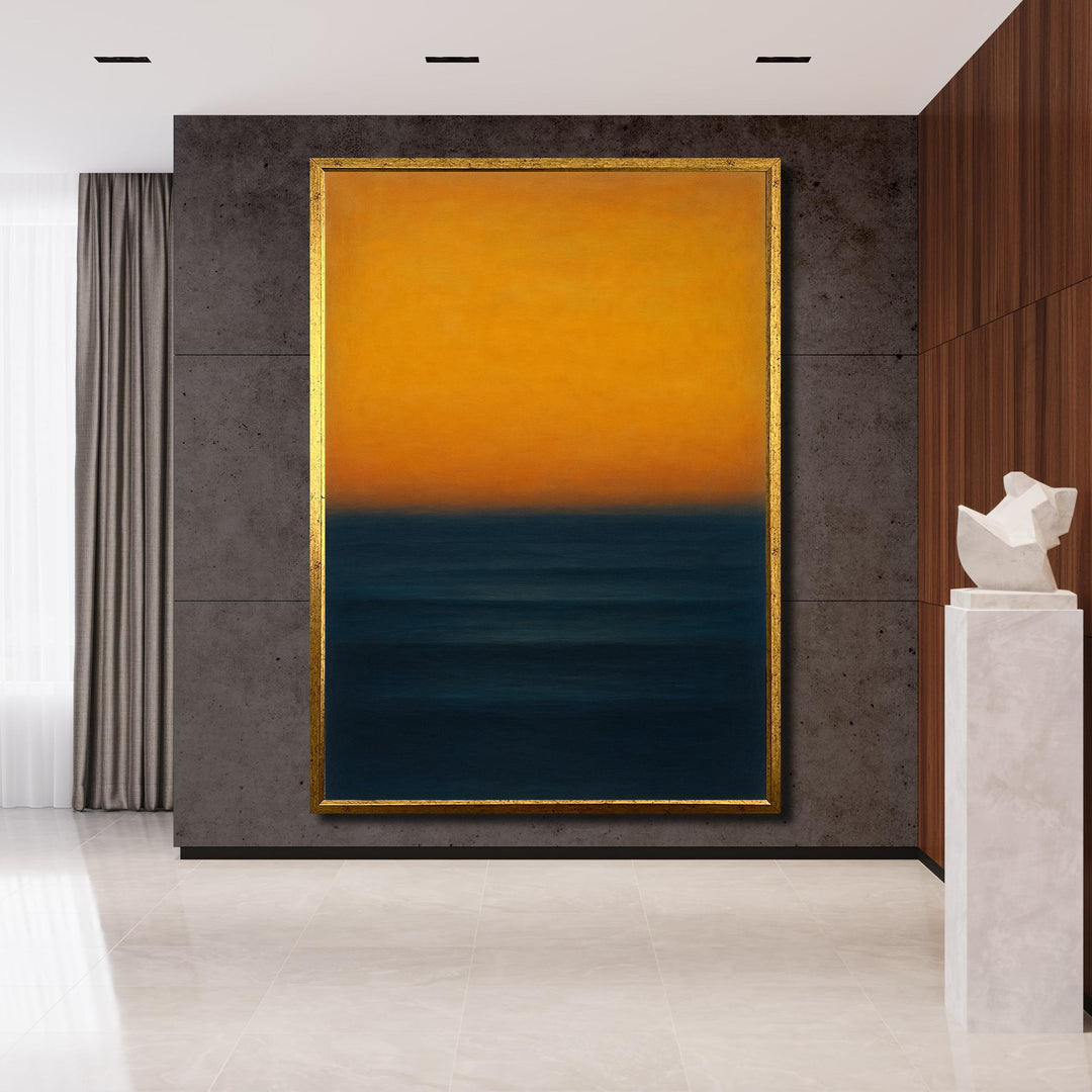 Moody yellow and navy abstract wall art with painterly texture