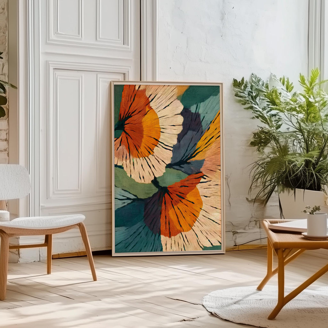 Overall composition of abstract floral artwork in serene greens and pinks