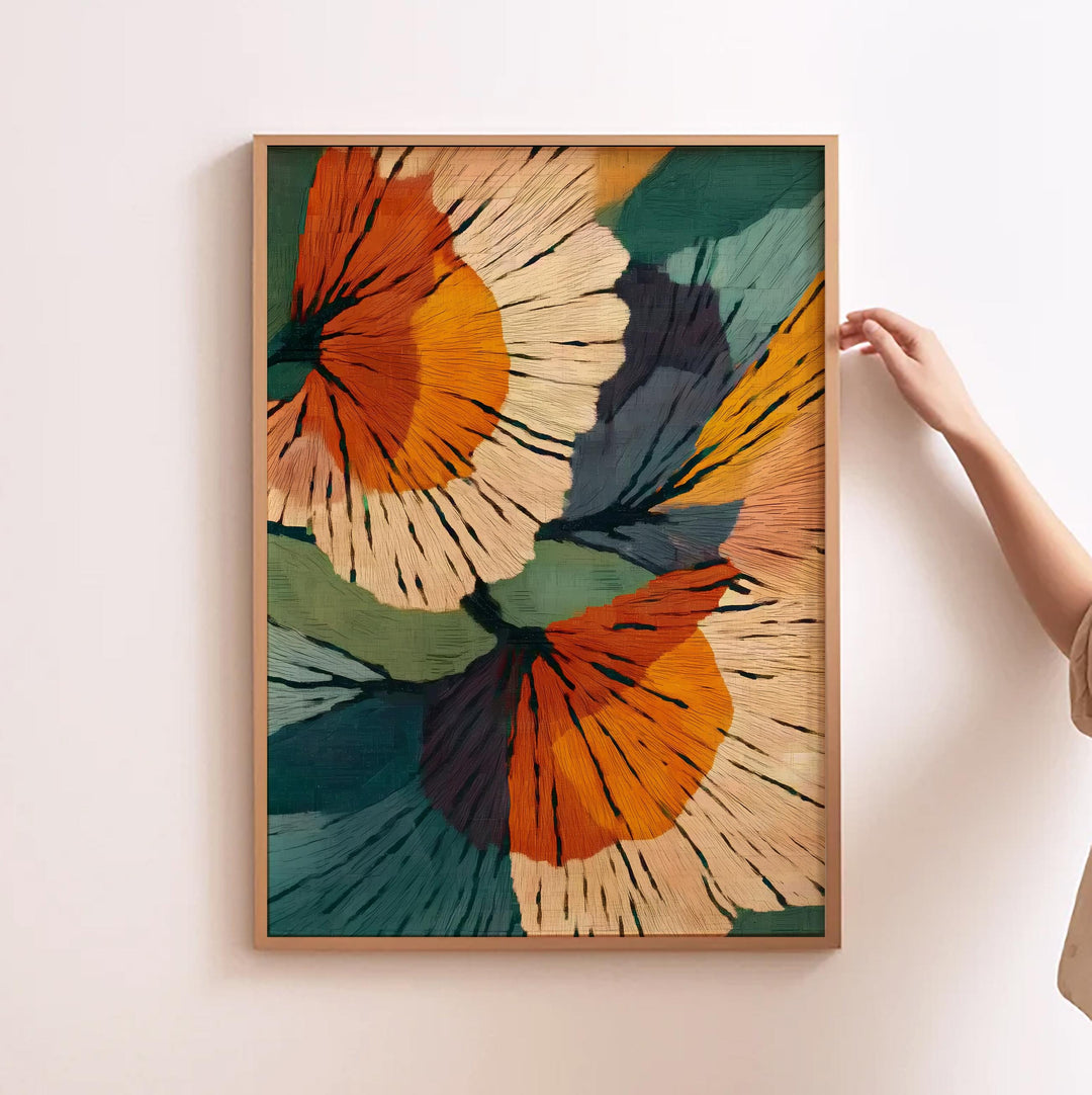 Abstract botanical wall art print with soft pink and sage tones on canvas