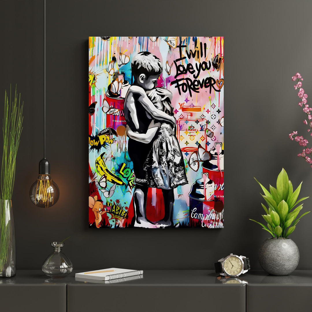 Vibrant pop art wall decor with a heartfelt child-girl embrace