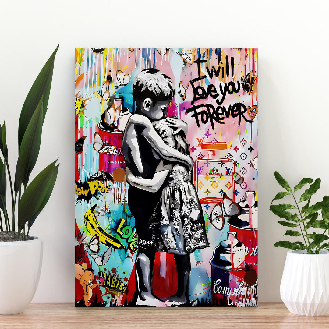 Banksy-inspired wall art print: child hugging a girl in bold pop art style