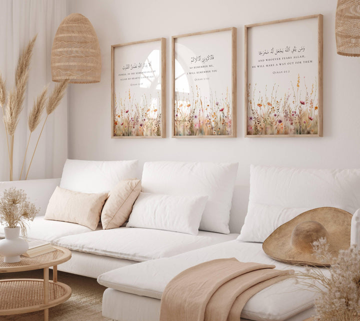 Islamic quotes wall decor set of 3 with botanical accents