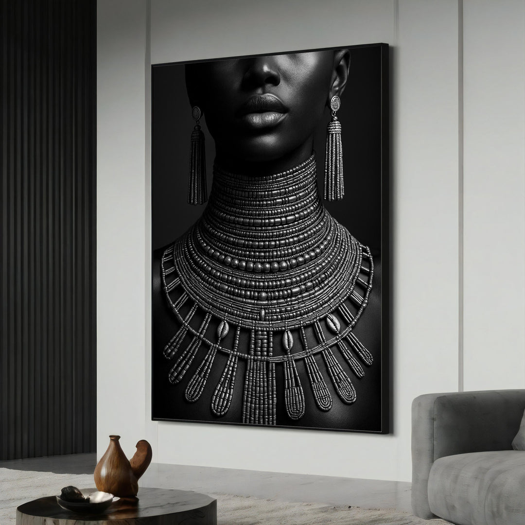 african tribal jewelry portrait on canvas wall art in bold black and white