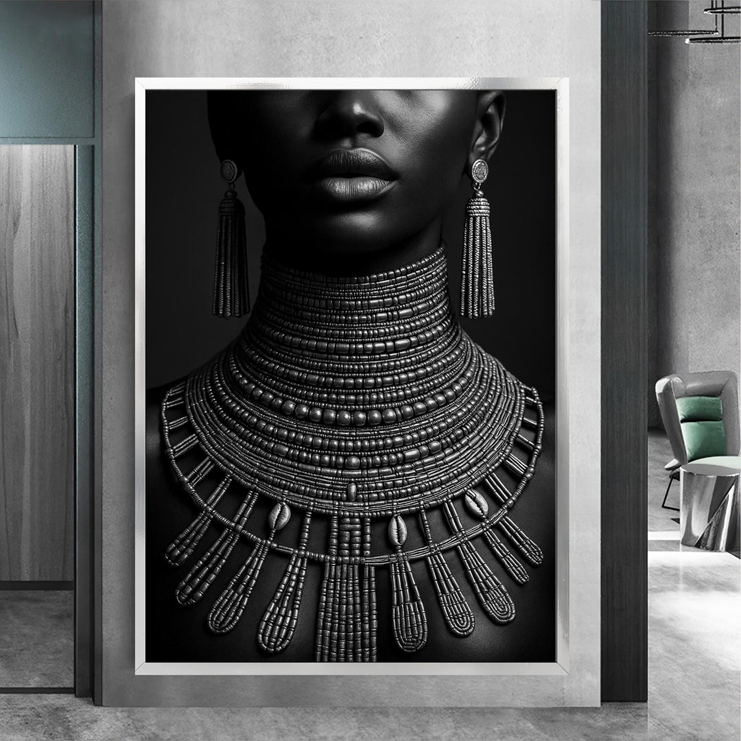 contemporary wall art african jewelry portrait with bold contrast