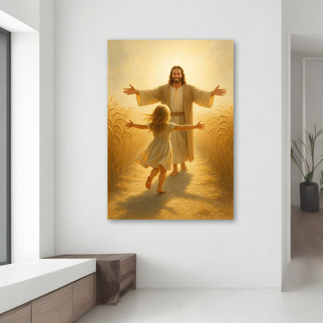 Lifestyle shot of Christian home decor featuring Jesus canvas on wall