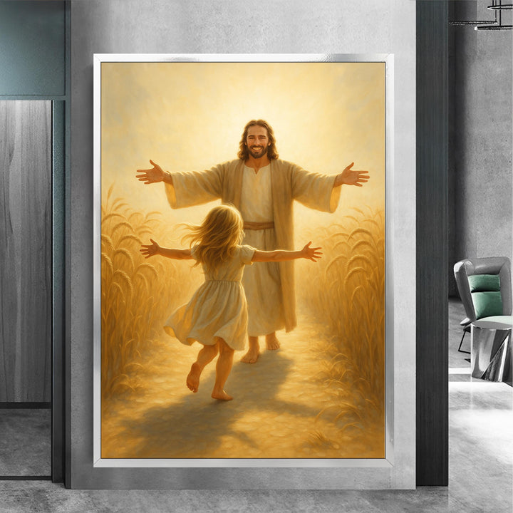 Canvas wall art with natural frame ready to hang in a living space