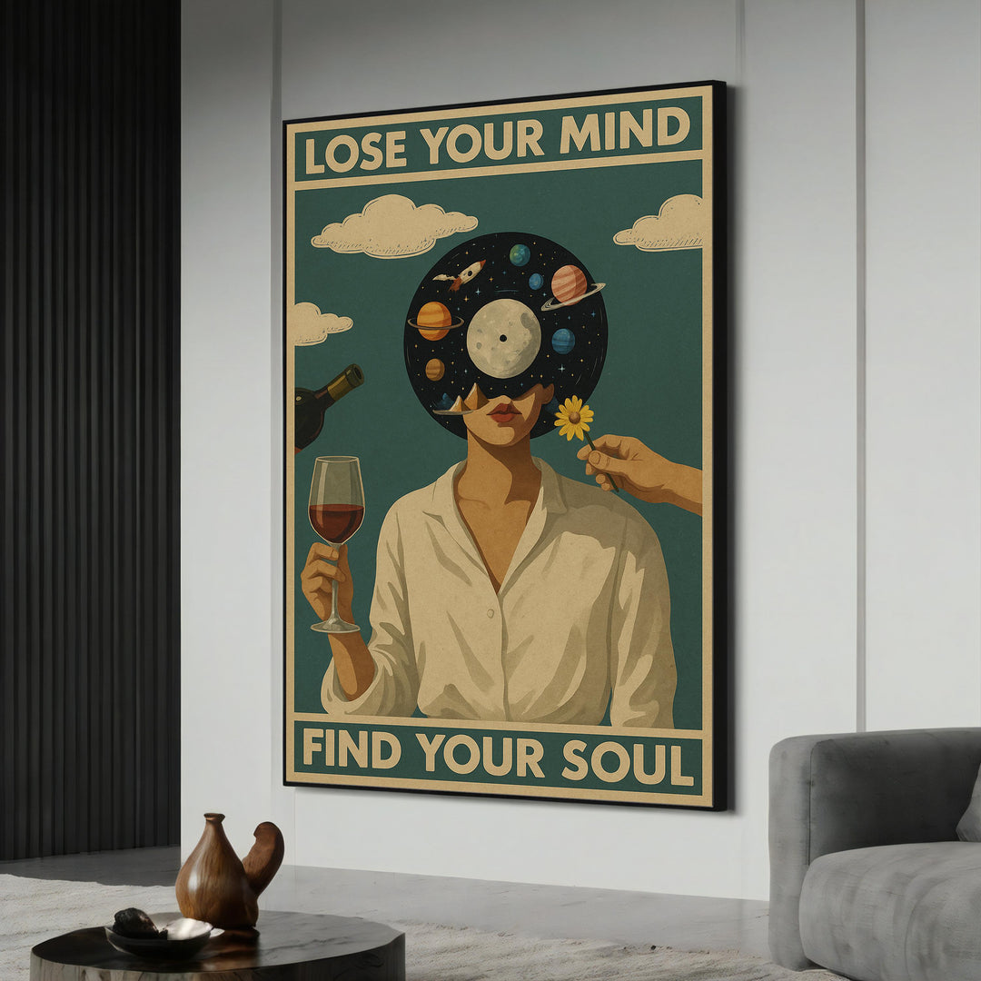 surreal universe head canvas painting on wall, ready to hang