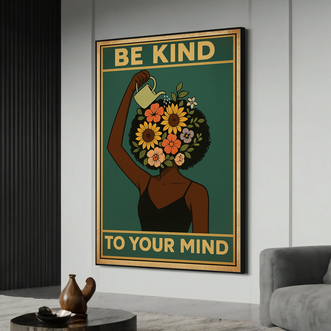 Close-up of Floral Head Self-Care canvas with pastel petals and retro vibe