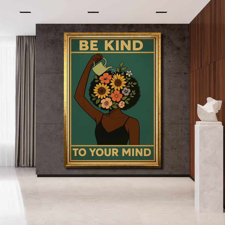Front view of ready-to-hang canvas wall art featuring floral head and inspirational motif