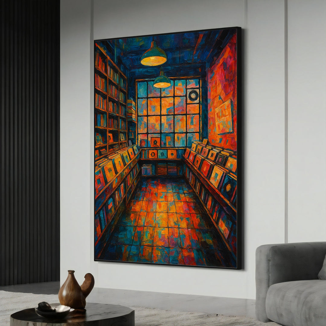 Vibrant vinyl record store canvas painting displayed as wall art