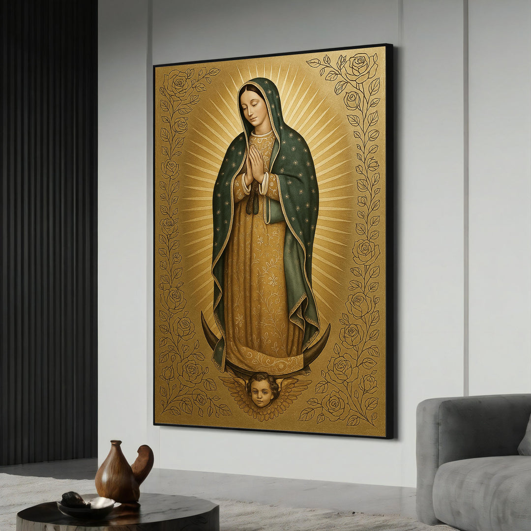 Virgin of Guadalupe canvas painting mounted on wall, religious wall art