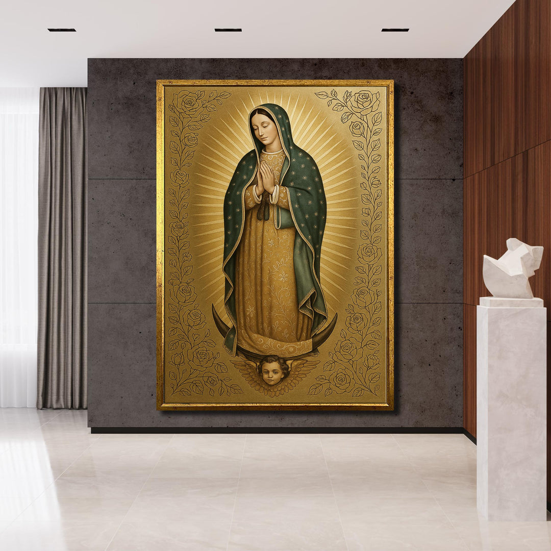 Close-up of Virgin of Guadalupe canvas artwork with vibrant colors