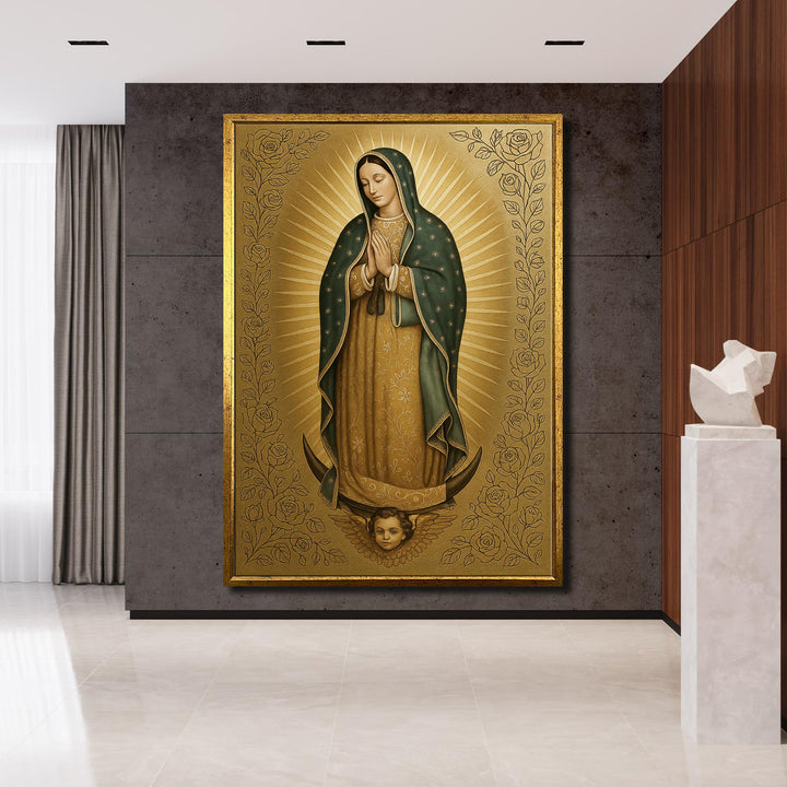 Close-up of Virgin of Guadalupe canvas artwork with vibrant colors