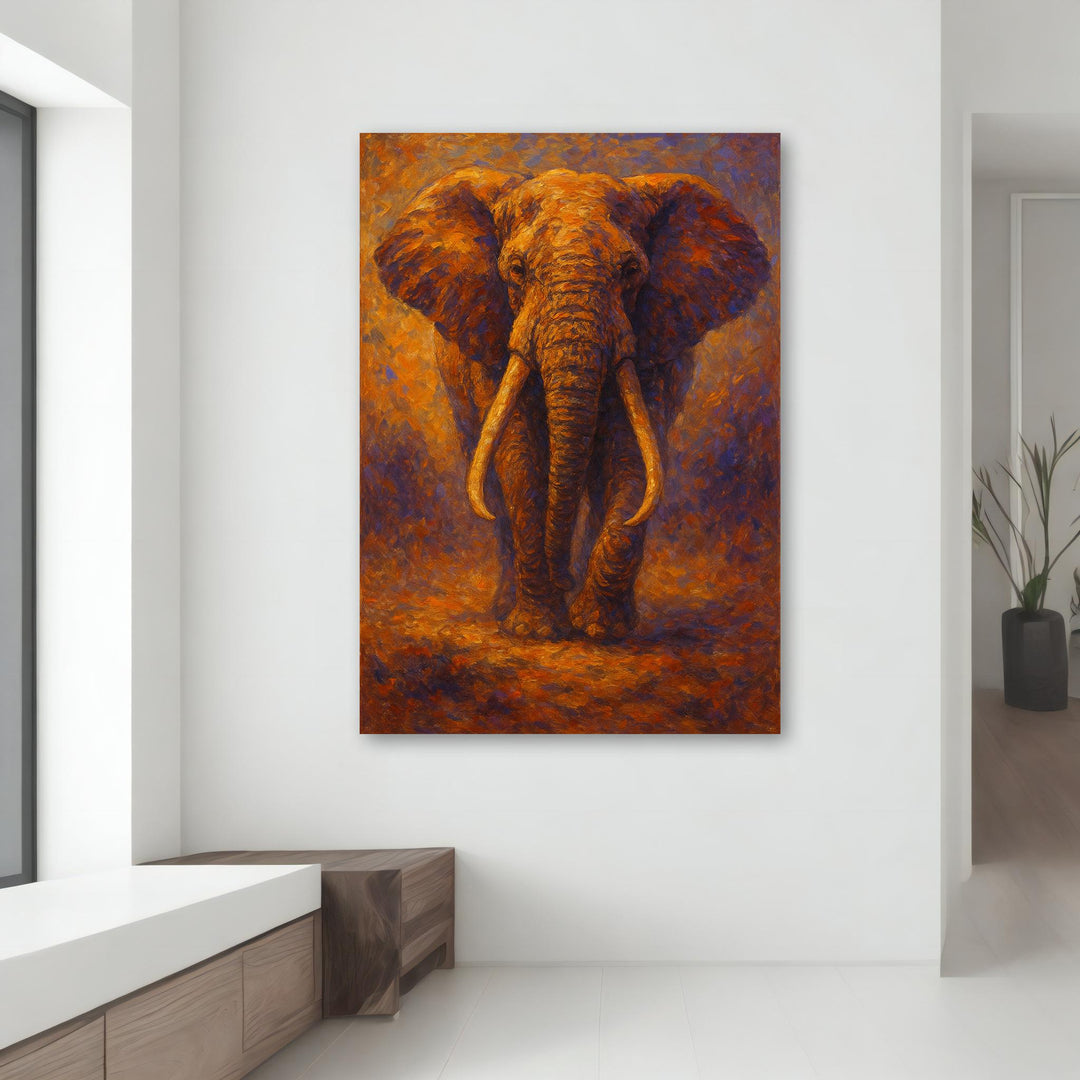 Wildlife decor: elephant art on dramatic fiery backdrop