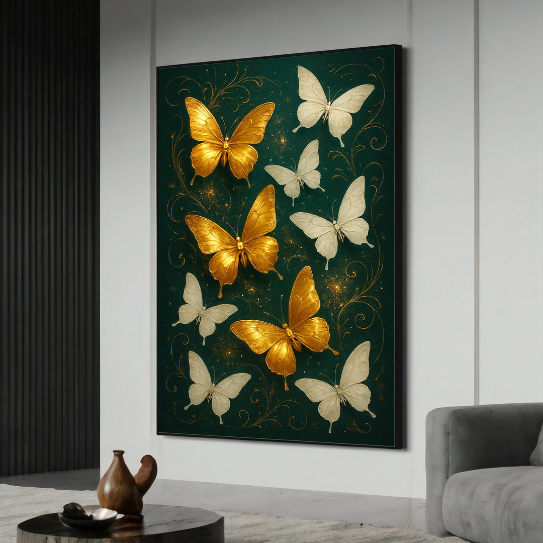 Golden butterflies dancing over a magical green forest on canvas, ready to hang