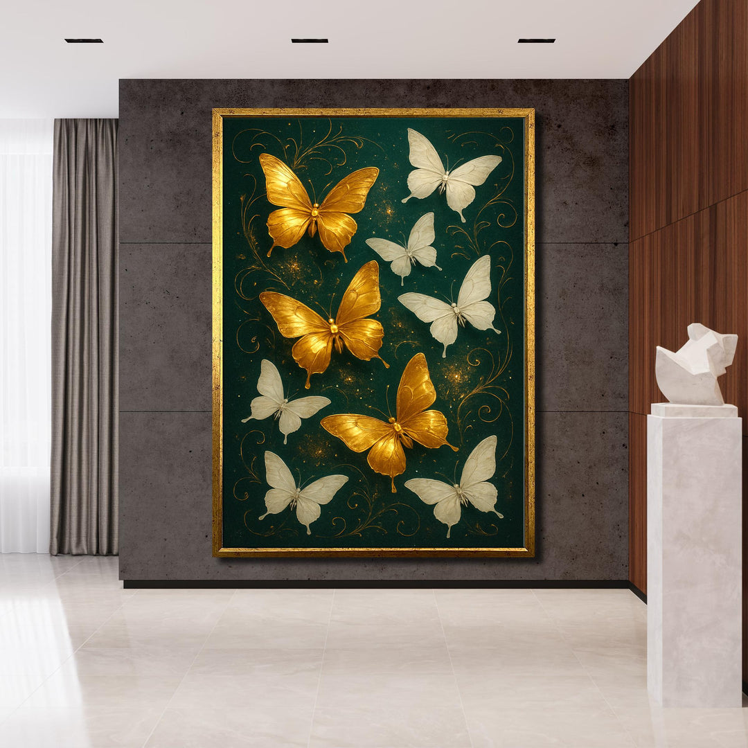 Close-up of gold butterfly details among emerald leaves on premium wall art canvas