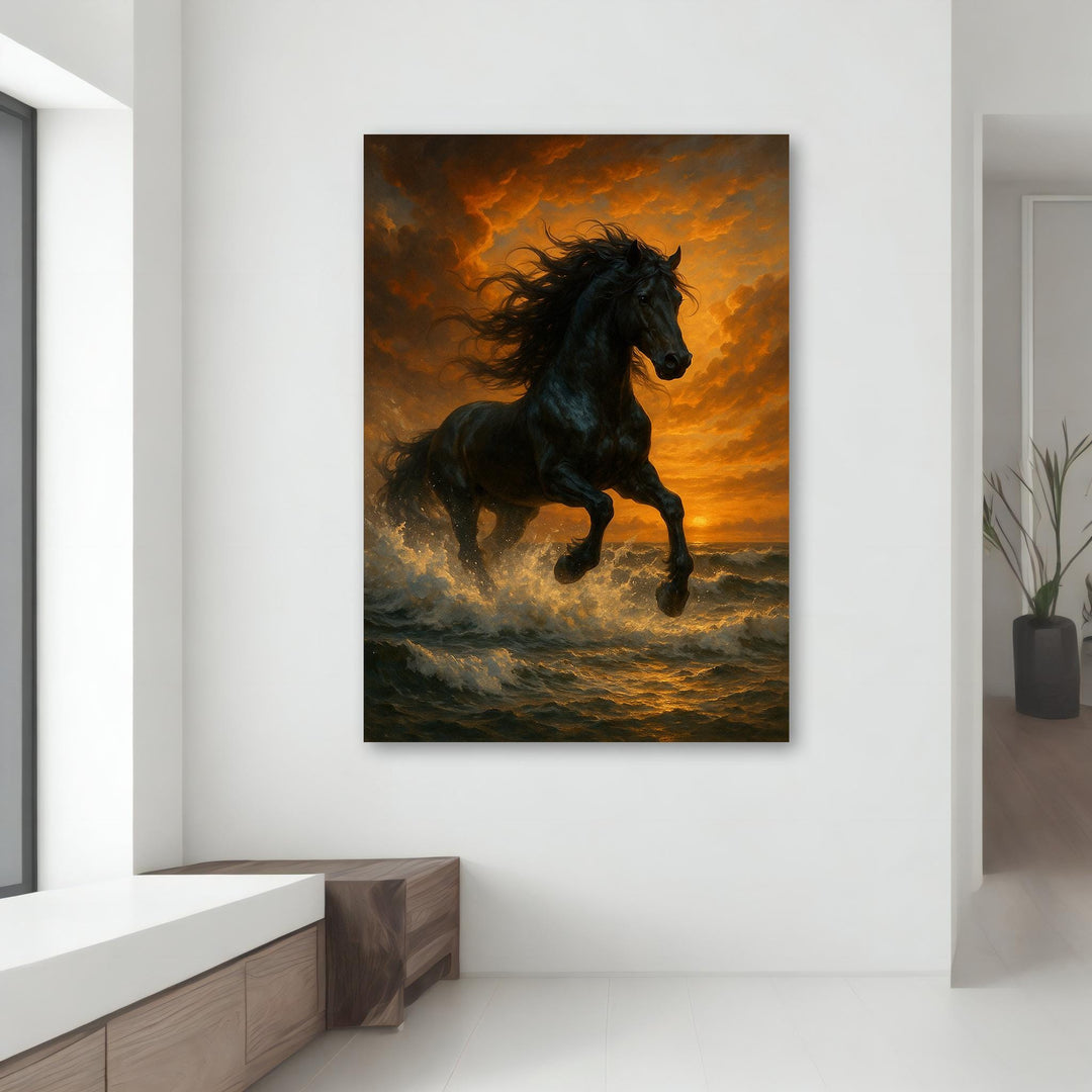 Gift-worthy wall art of a galloping horse across a glowing horizon