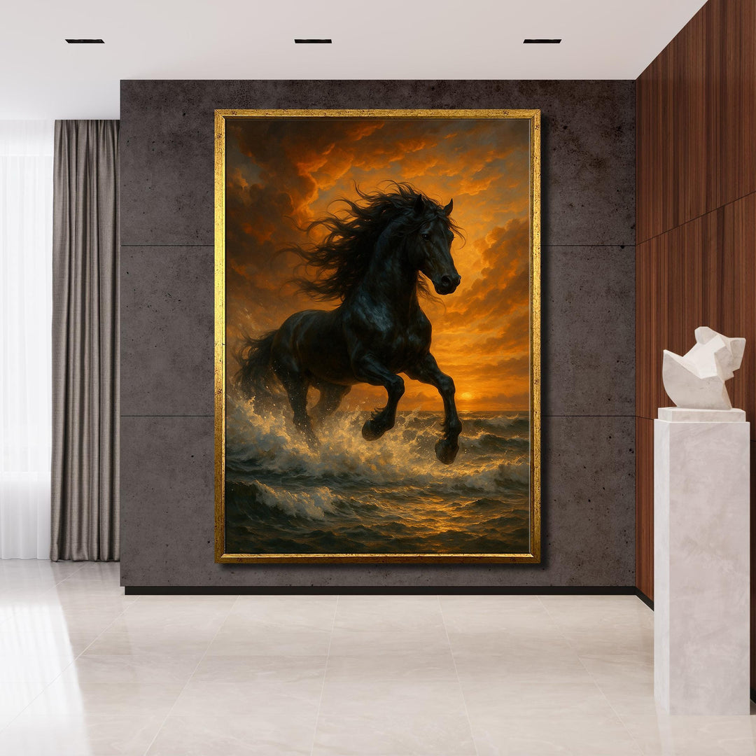 Dramatic horse silhouette against warm sunset tones on stretched canvas