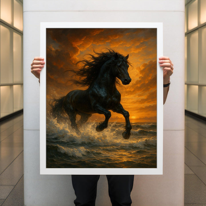Full view of ready to hang canvas featuring a wild horse in motion