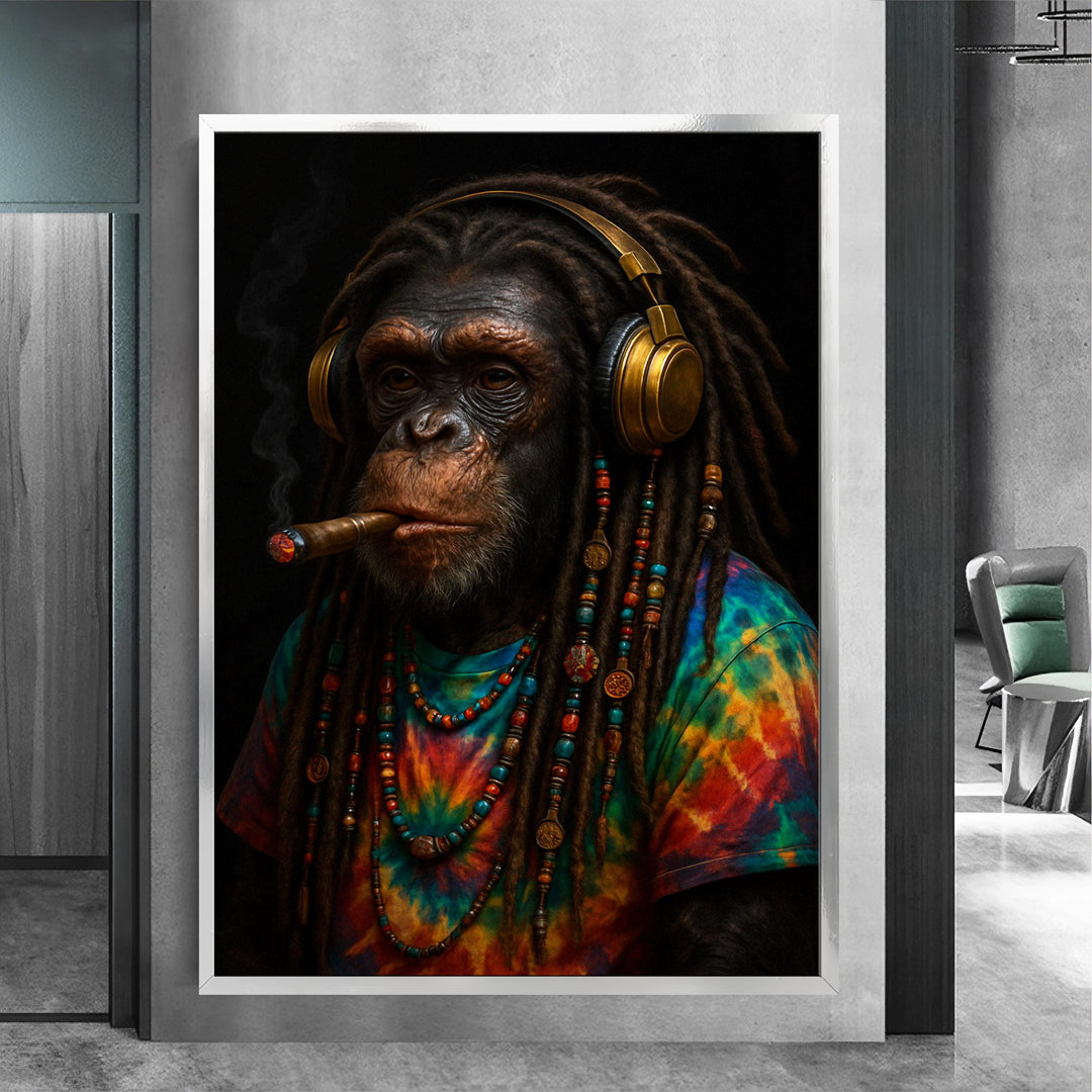 Close-up of vibrant textures and graffiti-style detail in the chimp art