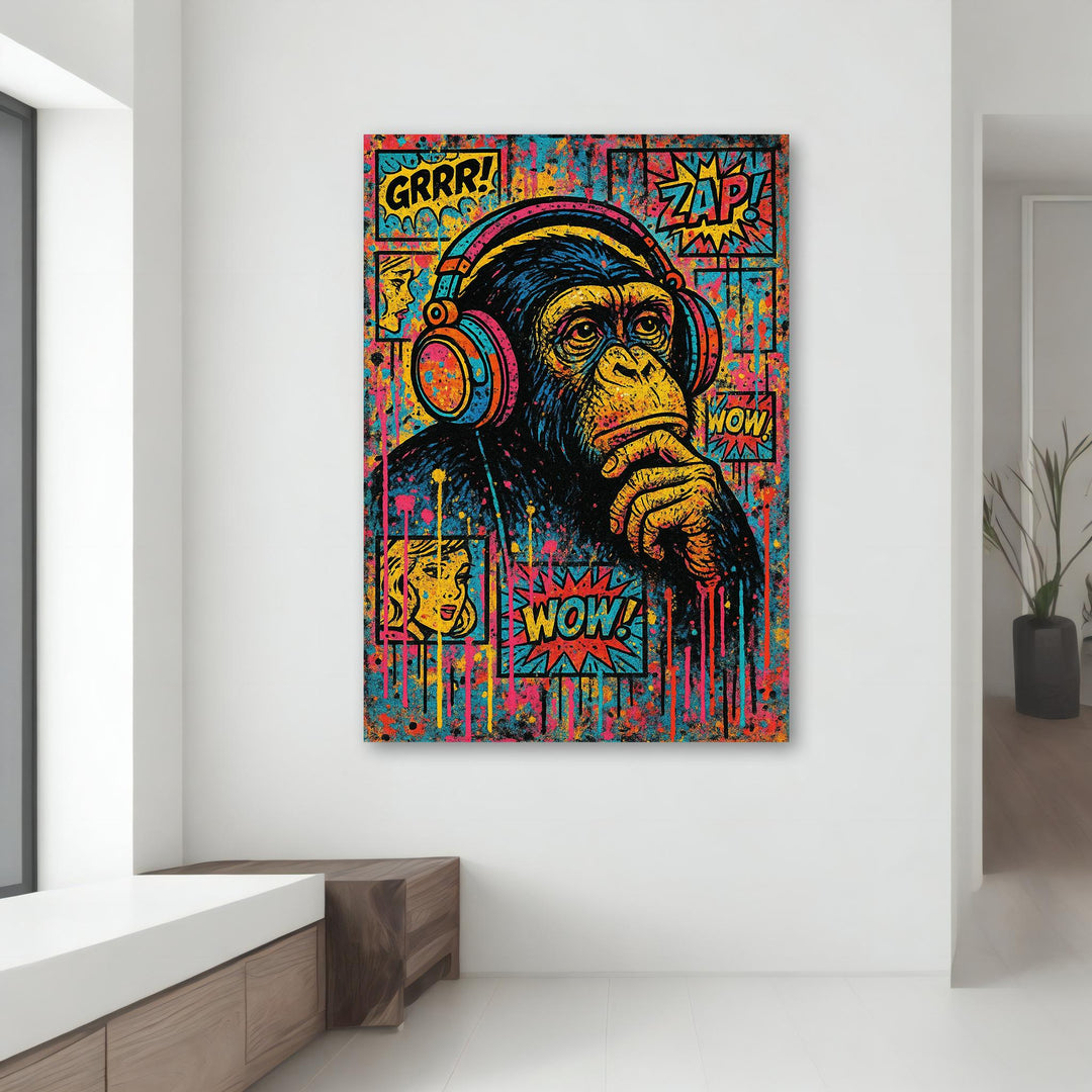 Decorative wall art of a playful chimp in headphones, ideal gift for him