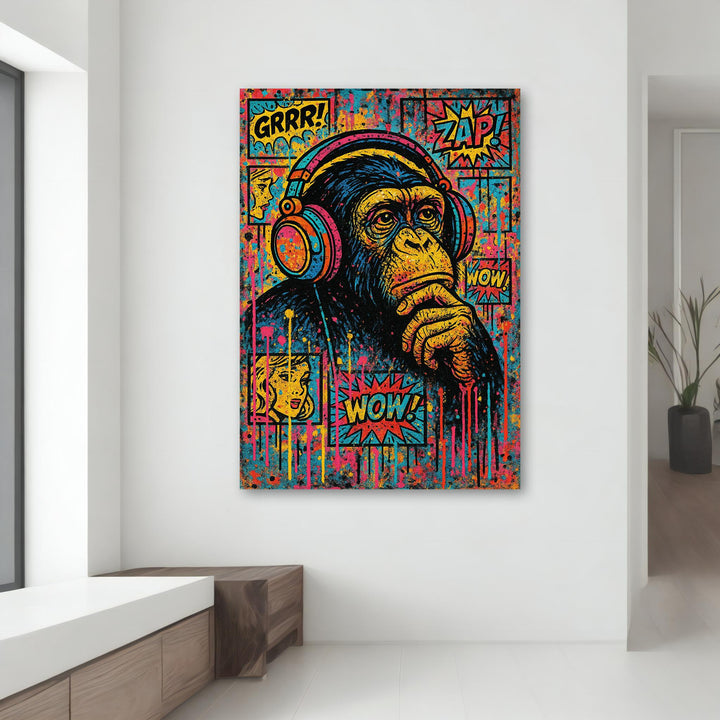 Decorative wall art of a playful chimp in headphones, ideal gift for him