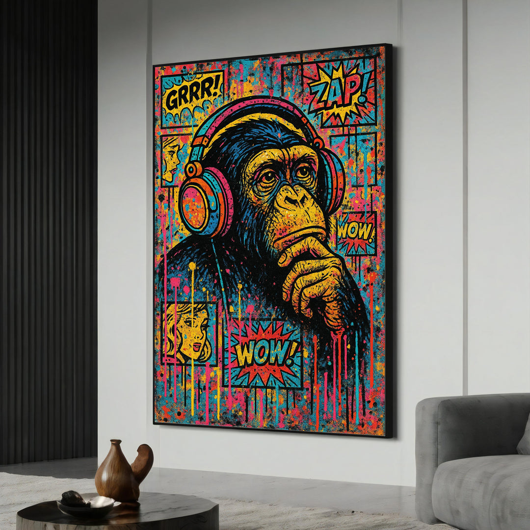 Vibrant pop art chimp portrait on colorful canvas with headphones