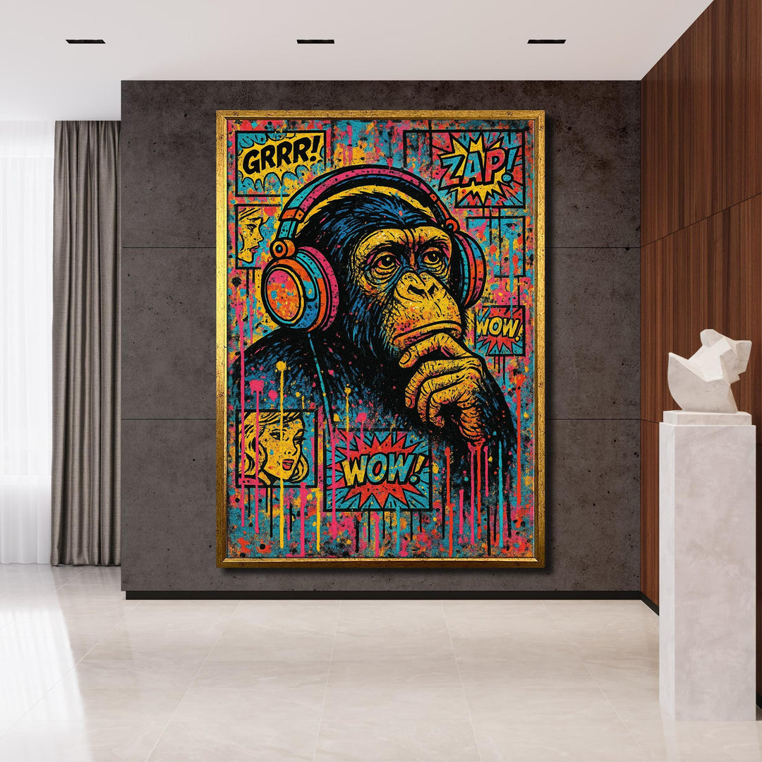 Close-up of bold headphones on a bright chimp cartoon in pop art style