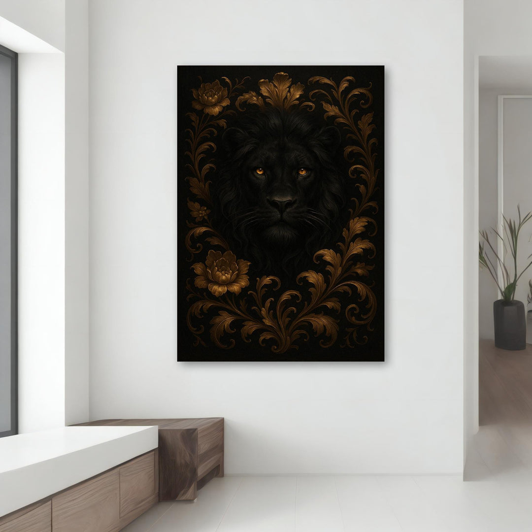 Luxurious jungle decor featuring black lion on framed canvas