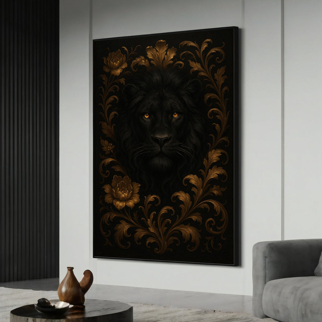 Majestic black lion gaze on premium canvas with golden floral frame
