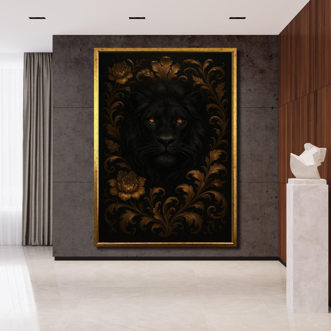 Close up of bold lion portrait showing gold floral accents on canvas